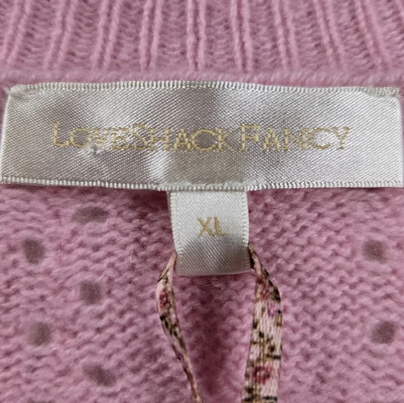 NWT LoveShackFancy Leota Wool Cashmere‎ Cardigan Pink Cable Knit Bow Sweater XL
